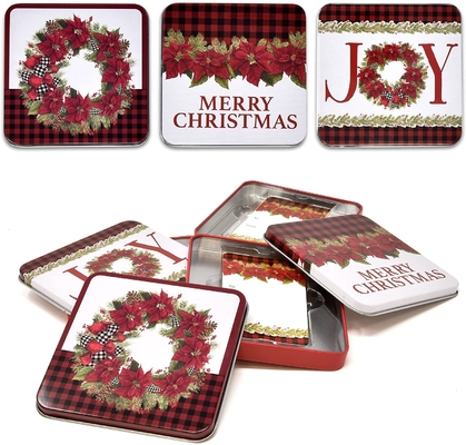 ふたのギフト用包装紙が付いているクリスマスのギフトカードの錫のギフト用の箱の貯蔵容器